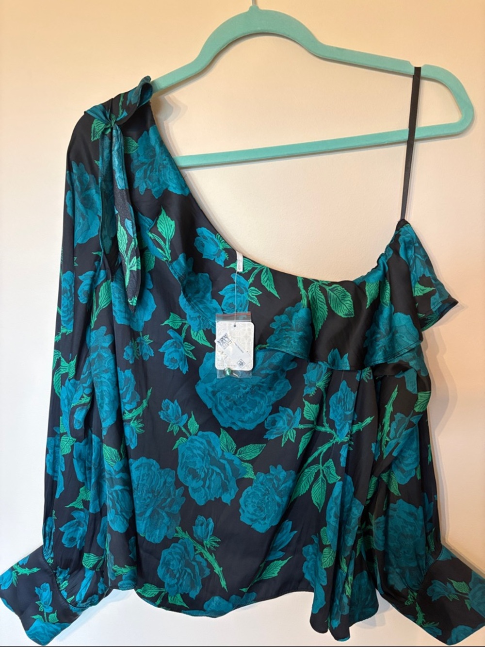 Free People One-Shoulder Floral Blouse in Teal and Black